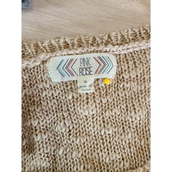 Pink Rose Striped Sweater L Loose Knit 3/4 Sleeve Pullover Beige Blue Rust Acryi - Picture 6 of 8